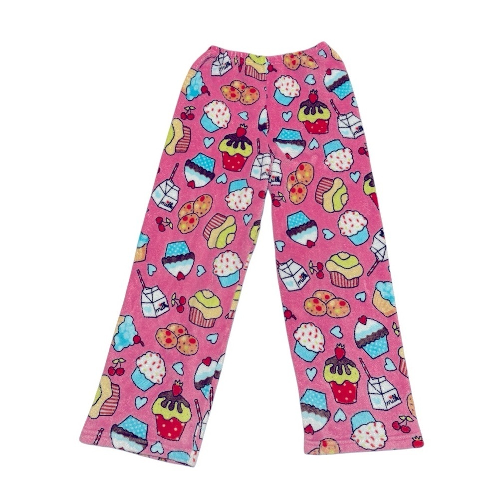 Love and Kisses Fleece Pink Pajama Pants Cupcakes Milk Cookies Girls 12-14 - Picture 1 of 5